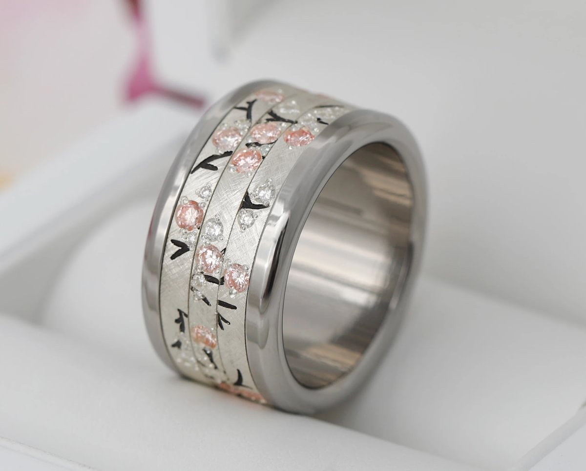 Anneau en argent (addon medium) Hanami 01 avec diamants et diamants roses Purs pour bague mood de luxe