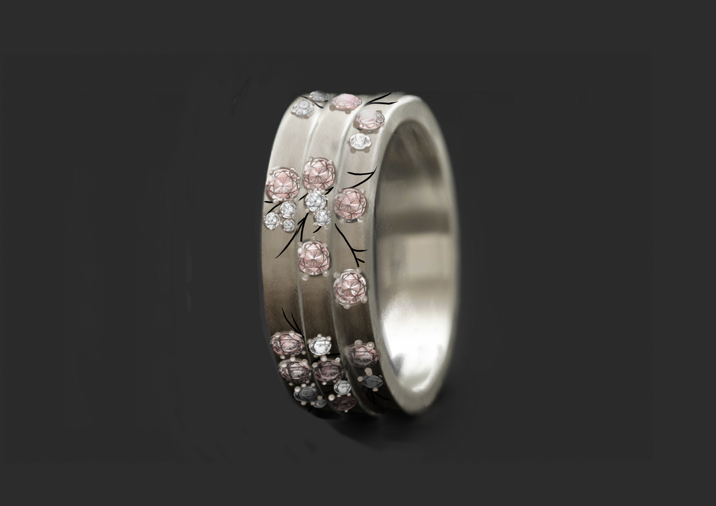 Set von 3 Innenringen aus Silber (3 Medium Addons) Hanami mit Diamanten und "Pur" rosa Diamanten für mood Luxus-Ring