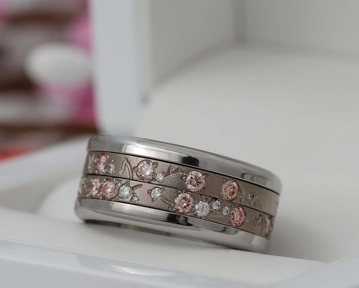 Set von 3 Innenringen aus 18K Graugold (3 Medium Addons) Hanami mit Diamanten und "Pur" rosa Diamanten für mood Luxus-Ring