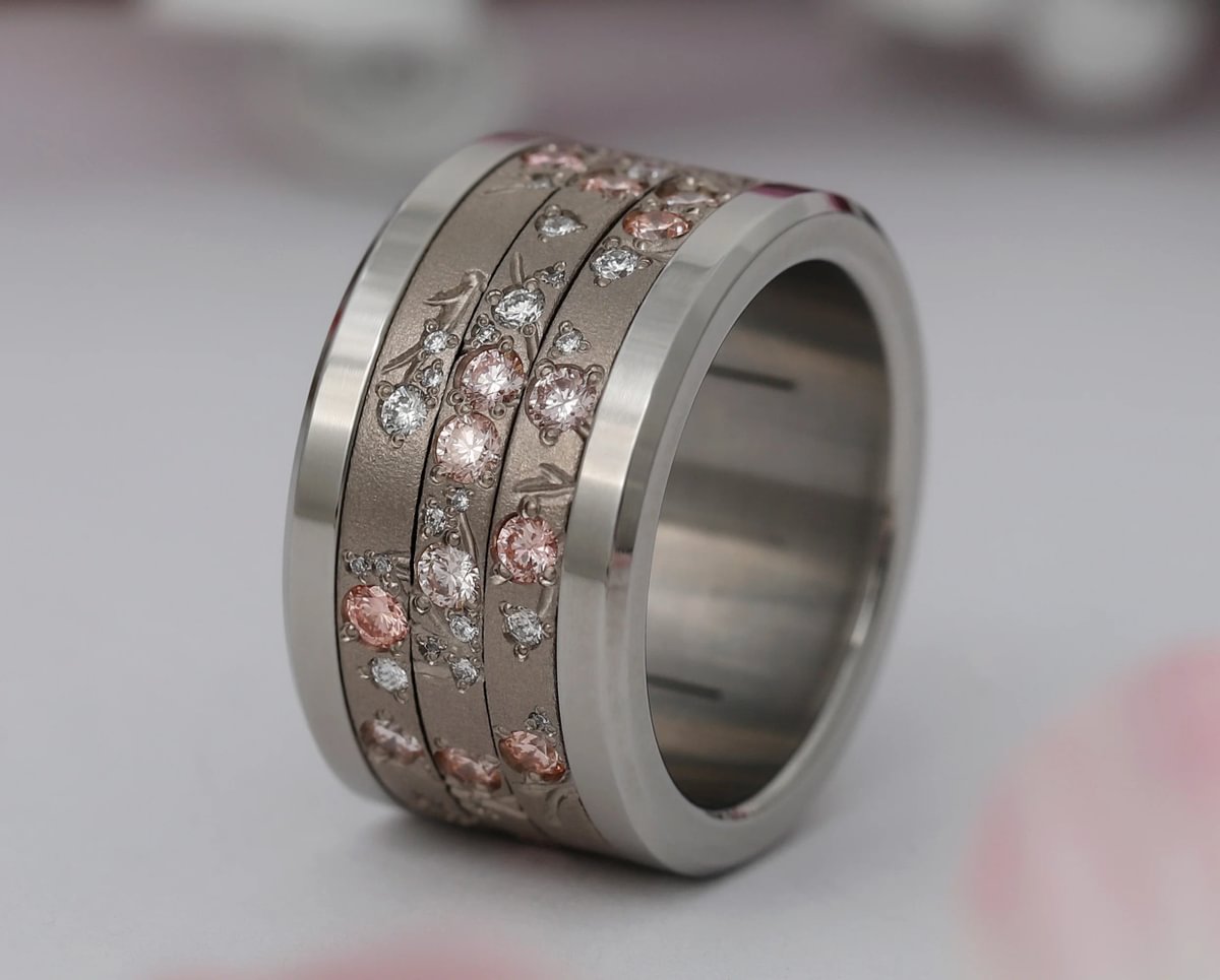 Set von 3 Innenringen aus 18K Graugold (3 Medium Addons) Hanami mit Diamanten und "Pur" rosa Diamanten für mood Luxus-Ring