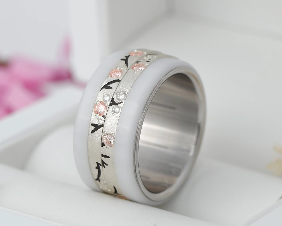 Anneau en argent  (addon medium) Hanami 01  avec diamants  et diamants roses Purs pour bague mood de luxe