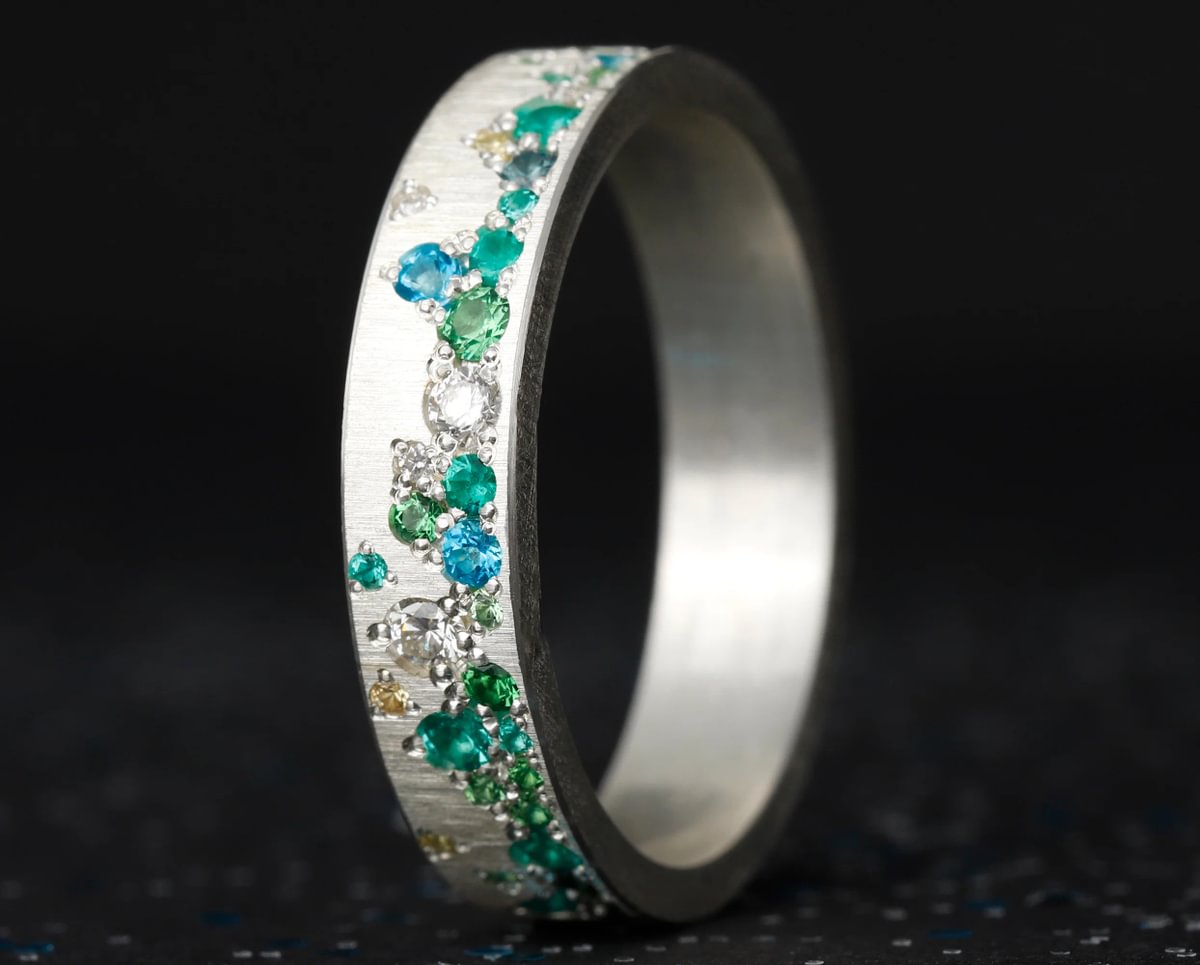 Bague luxe pour femme - Anneau en argent (addon) Yarrow vert avec pierres précieuses