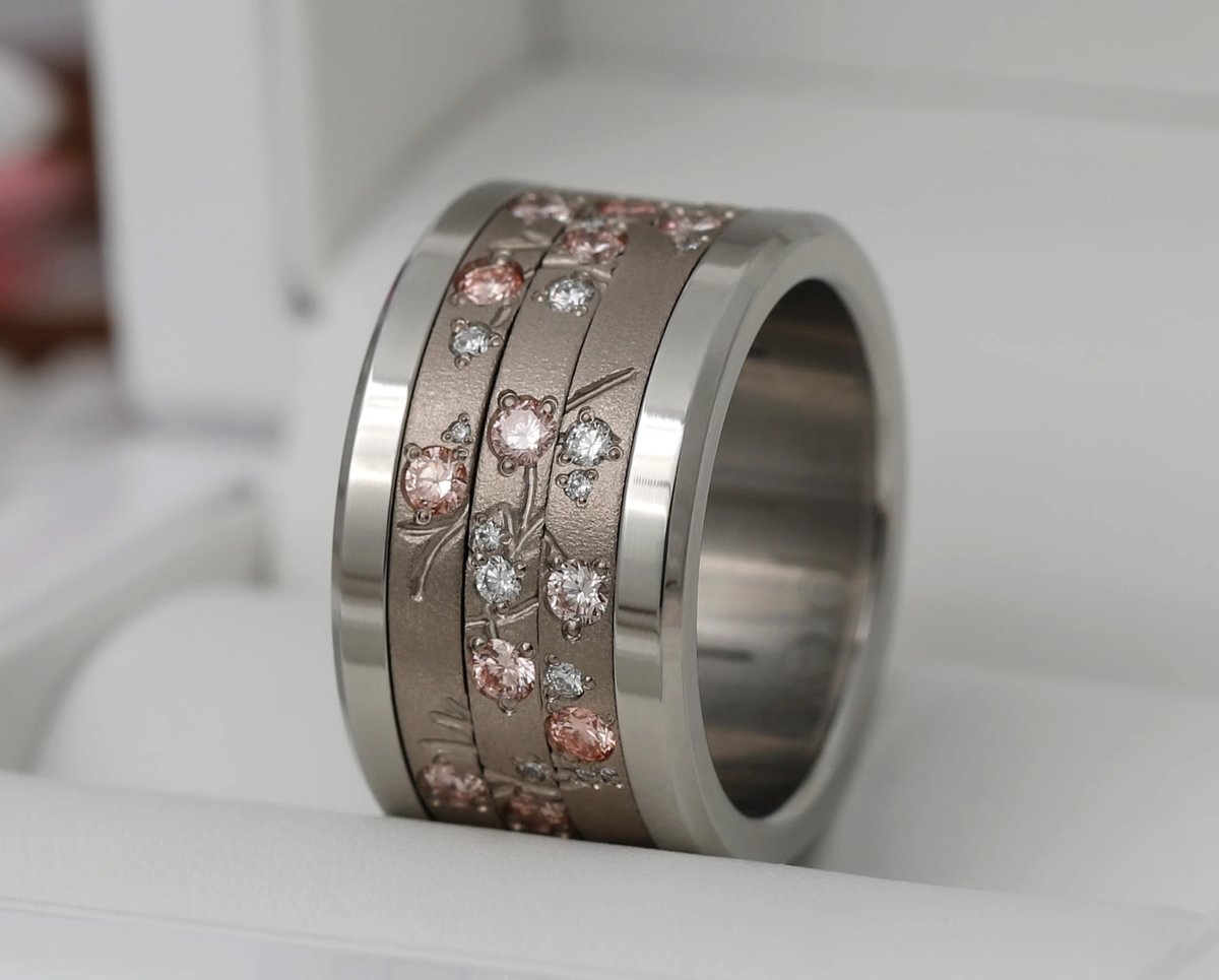 Set von 3 Innenringen aus 18K Graugold (3 Medium Addons) Hanami mit Diamanten und "Pur" rosa Diamanten für mood Luxus-Ring