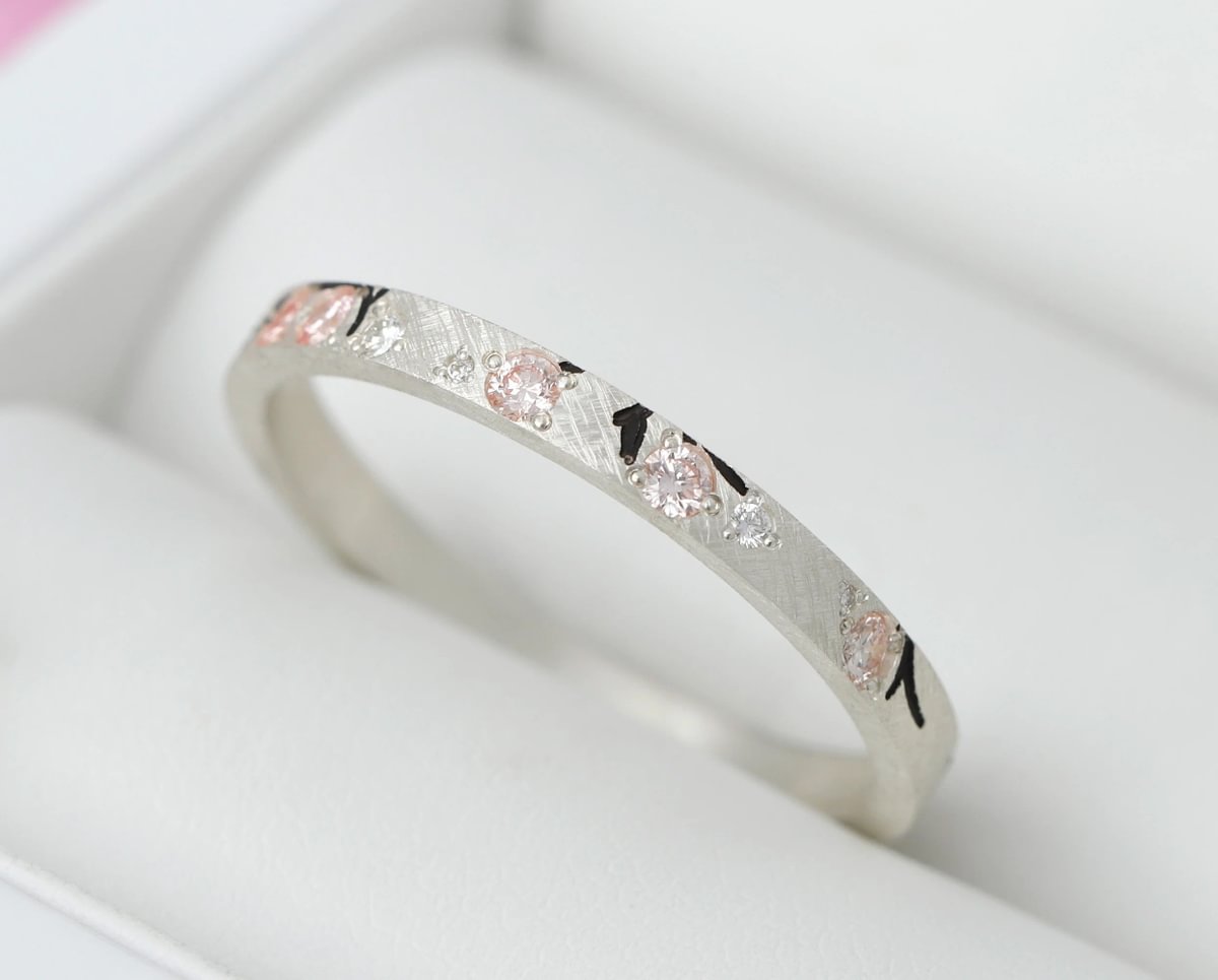 Anneau en argent  (addon medium) Hanami 01  avec diamants  et diamants roses Purs pour bague mood de luxe
