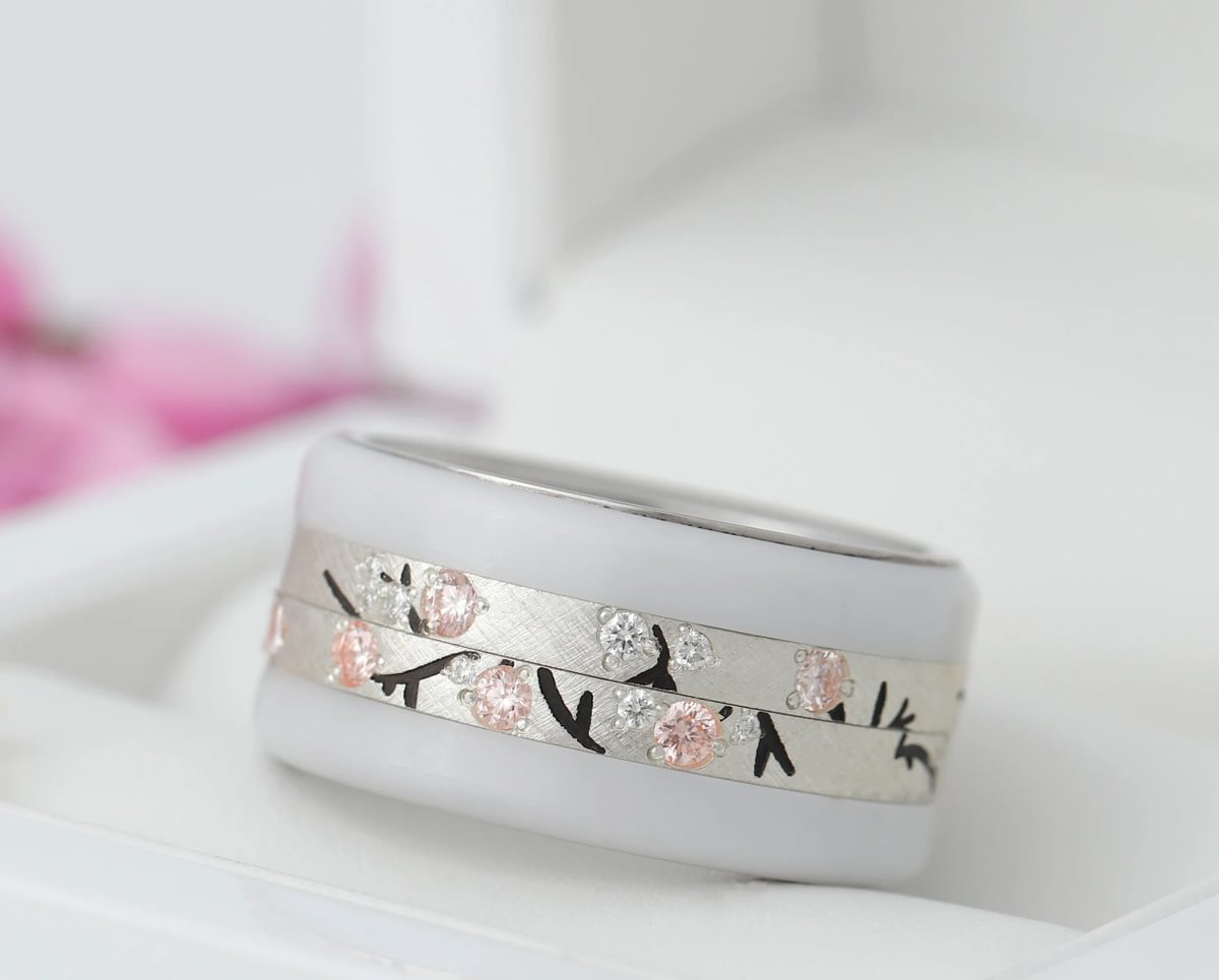 Anneau en argent  (addon medium) Hanami 01  avec diamants  et diamants roses Purs pour bague mood de luxe