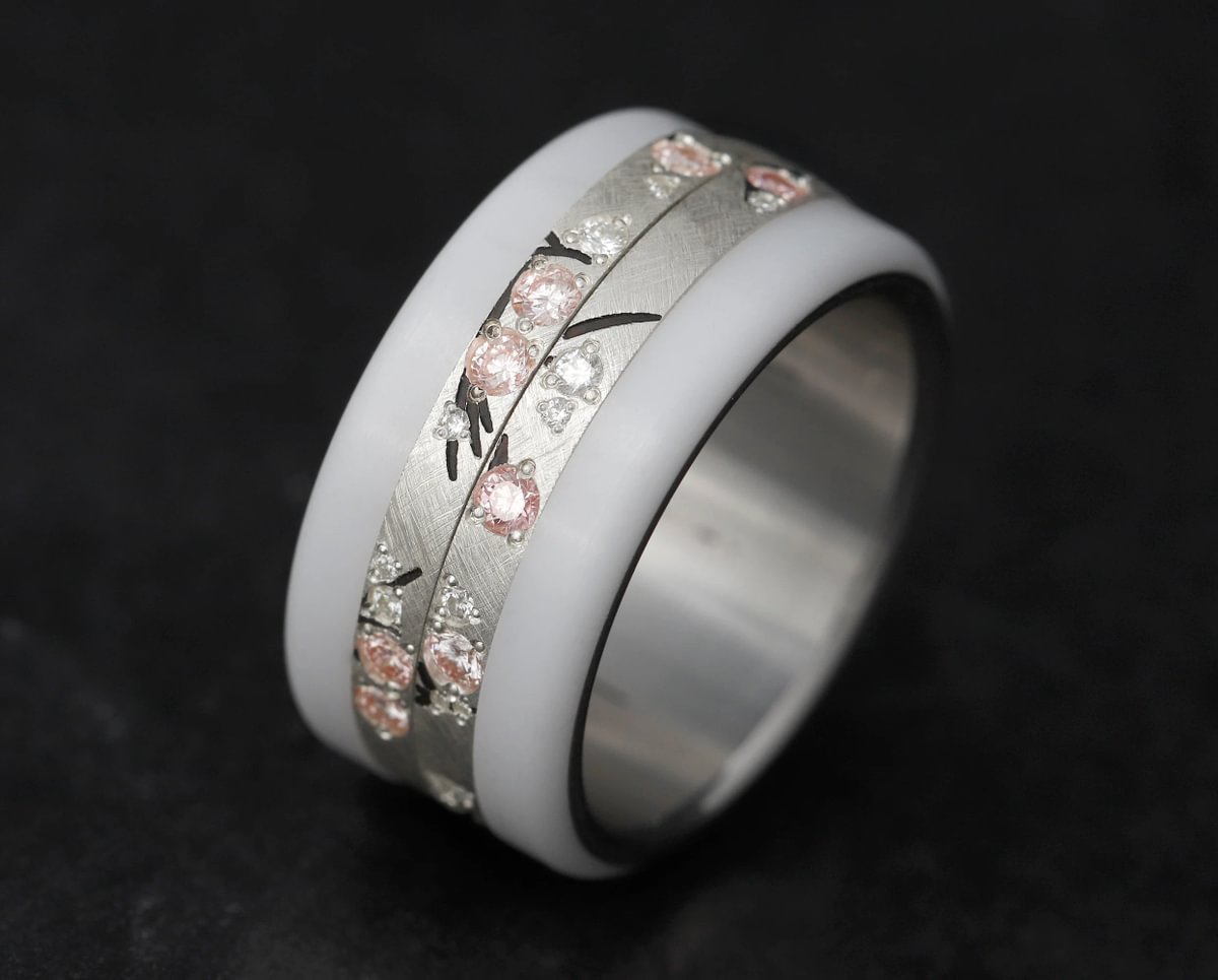 Anneau en argent  (addon medium) Hanami 01  avec diamants  et diamants roses Purs pour bague mood de luxe