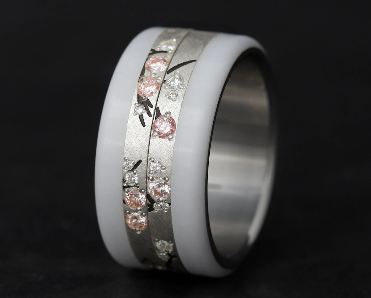 Anneau en argent  (addon medium) Hanami 01  avec diamants  et diamants roses Purs pour bague mood de luxe