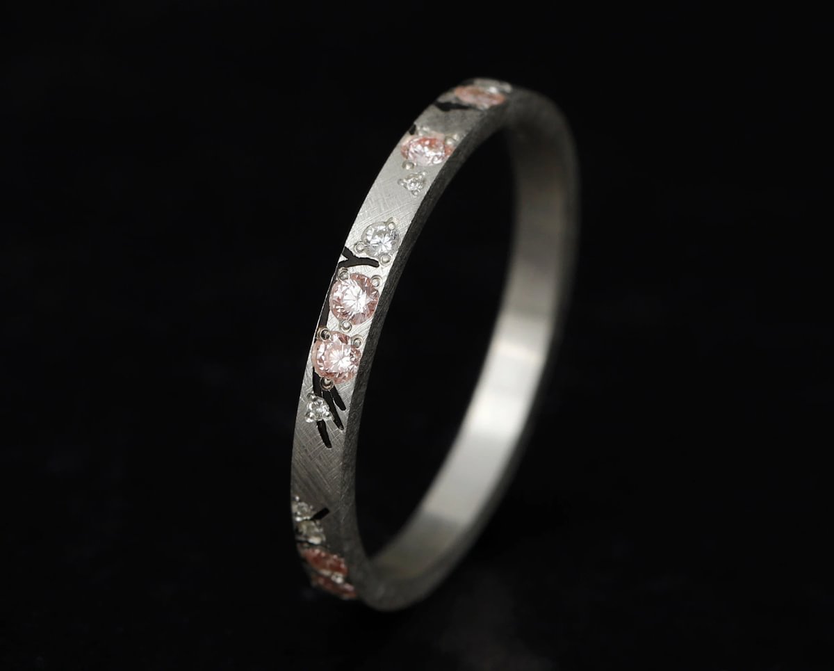 Anneau en argent  (addon medium) Hanami 01  avec diamants  et diamants roses Purs pour bague mood de luxe