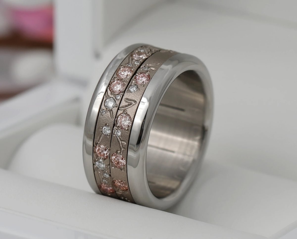 Set von 3 Innenringen aus 18K Graugold (3 Medium Addons) Hanami mit Diamanten und "Pur" rosa Diamanten für mood Luxus-Ring