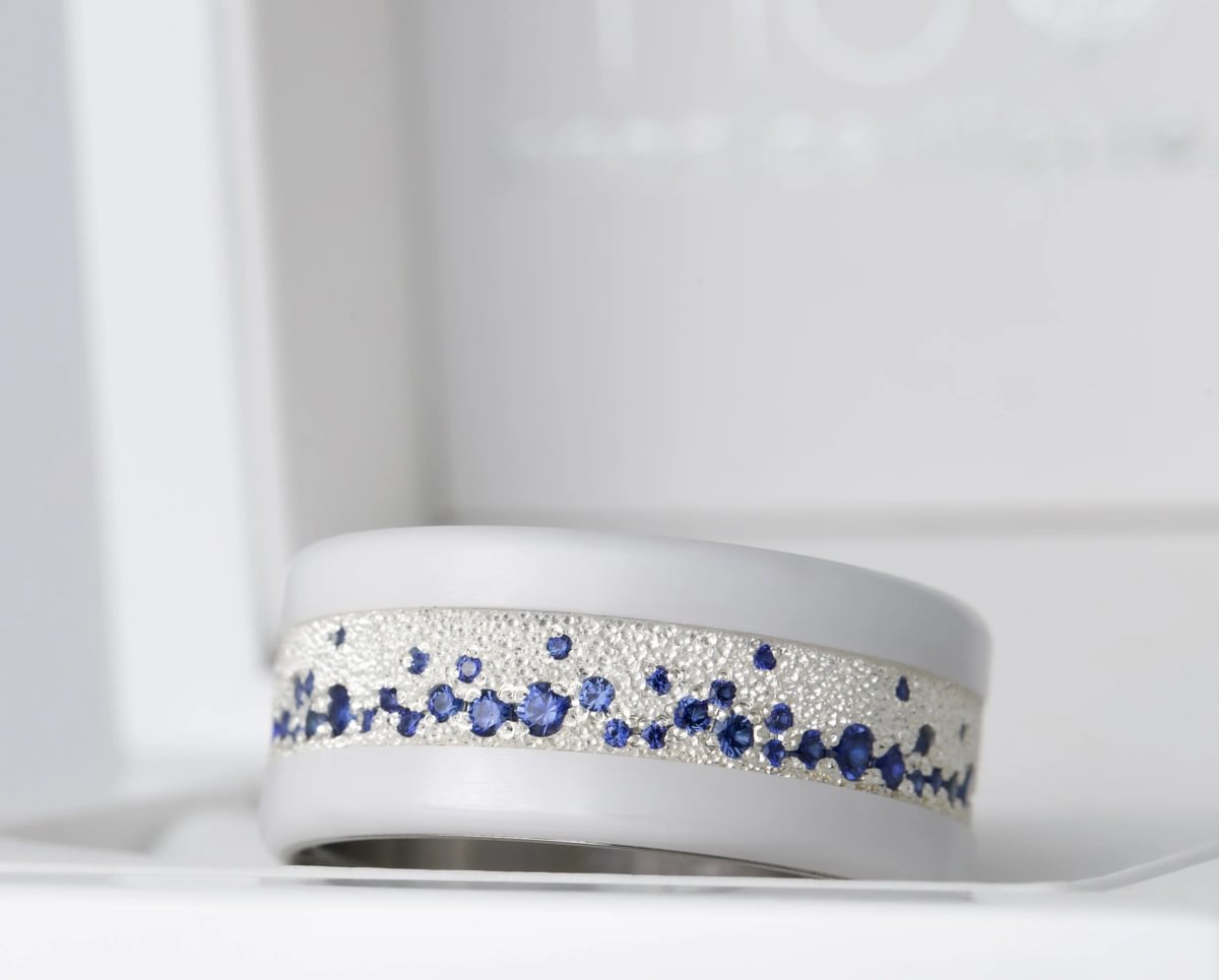 Innenring aus Glitter Silber (2/3 Addon) Yarrow Athena mit blauen Saphiren für Luxus mood Ring