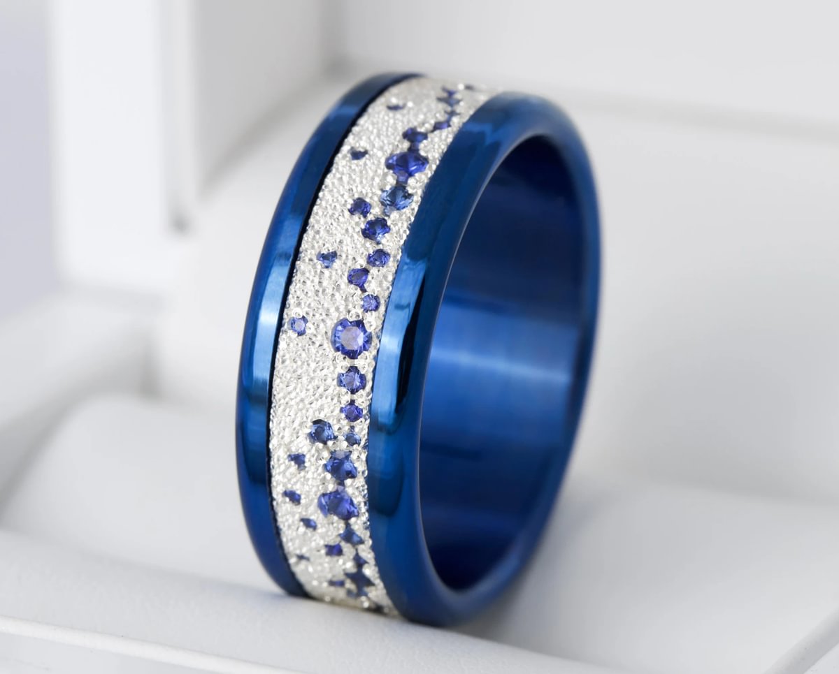 Innenring aus Glitter Silber (2/3 Addon) Yarrow Athena mit blauen Saphiren für Luxus mood Ring